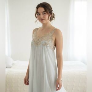 50s 60s Vintage Van Raalte Icy Blue Lace Nightgown S